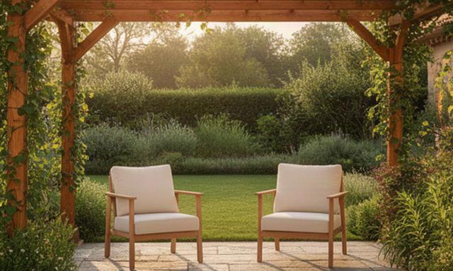 Pergola in legno con sedute affacciata su un giardino familiare