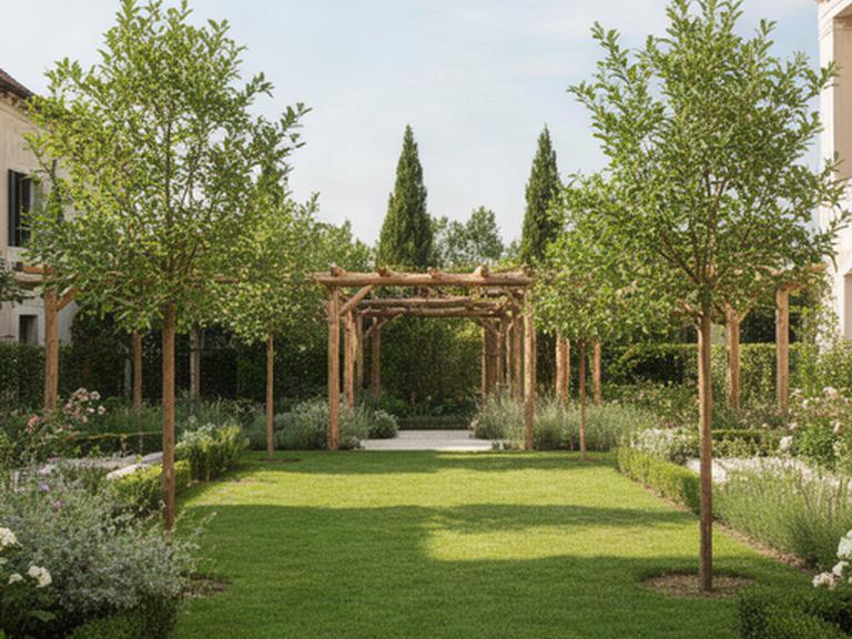 Giardino veneto curato con prato, alberi giovani e una pergola in legno naturale