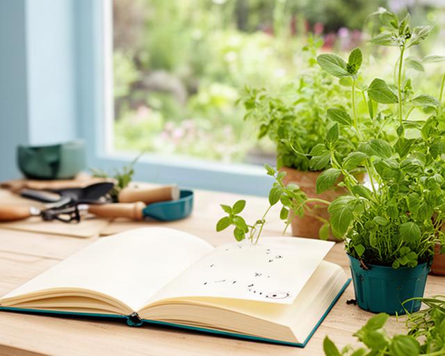Taccuino informativo accanto a piante da giardino su un tavolo luminoso