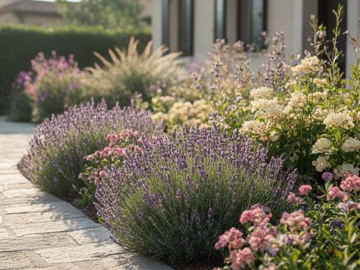 Aiuola fiorita con lavanda e piante perenni lungo il vialetto di una casa nel Veneto