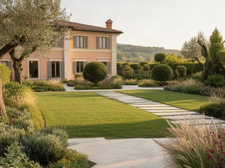 Giardino contemporaneo con prato curato, pietra locale e bordure ornamentali davanti a una villa veneta