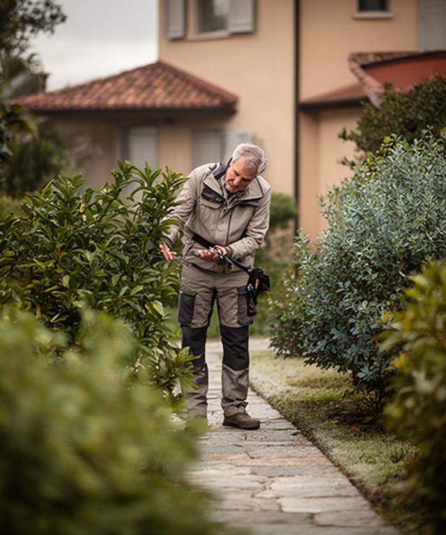 Giardiniere che osserva le piante accanto a un vialetto residenziale nel territorio veneto