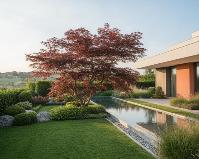 Giardino contemporaneo in Veneto con prato, acero giapponese e vasca d'acqua vicino a una casa