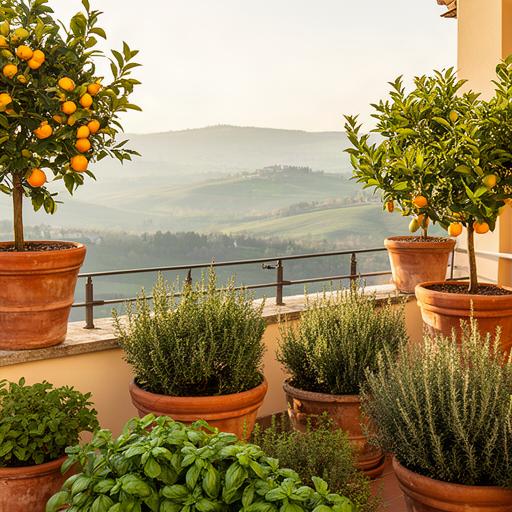 Terrazza mediterranea a Vicenza con vasi di agrumi, aromatiche e vista sulle colline