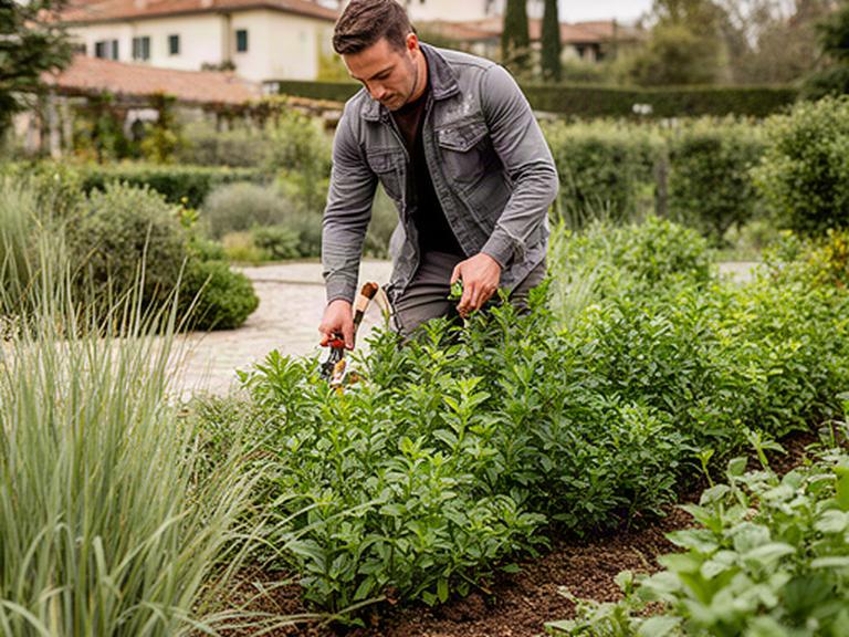Giardiniere al lavoro in un giardino veneto mentre rifinisce una bordura con piante verdi
