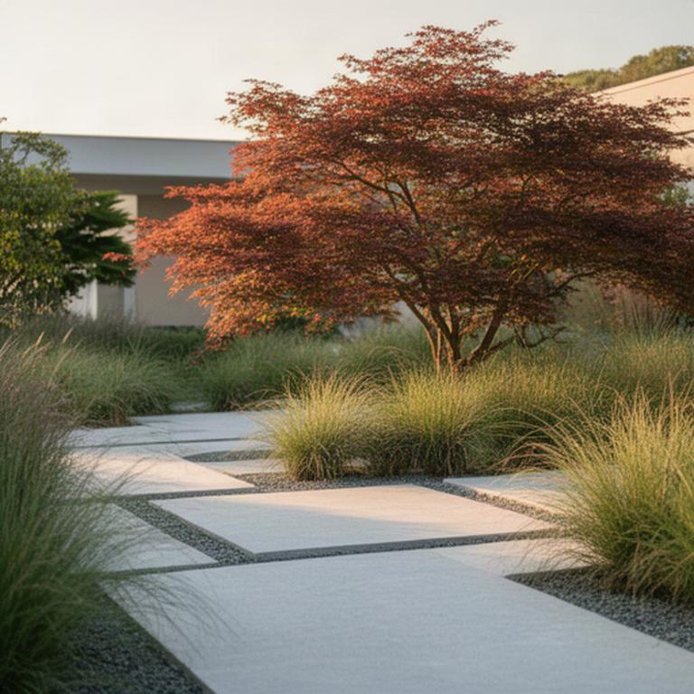 Giardino contemporaneo in Veneto con lastre in pietra, graminacee e acero