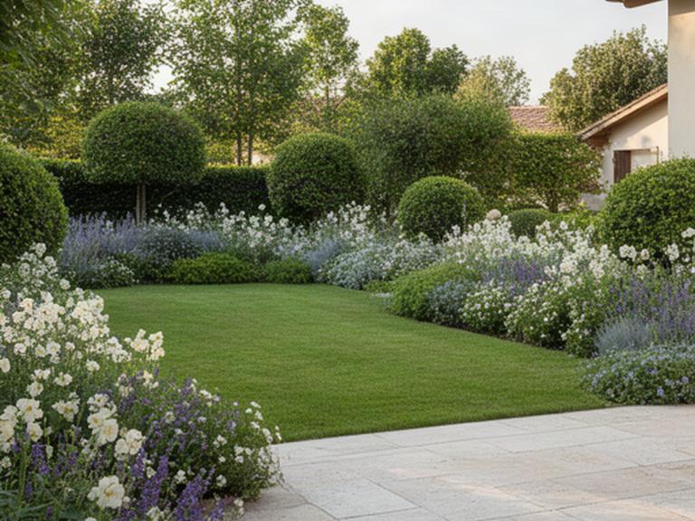 Giardino residenziale a Masi con prato curato, bordure fiorite e terrazza in pietra
