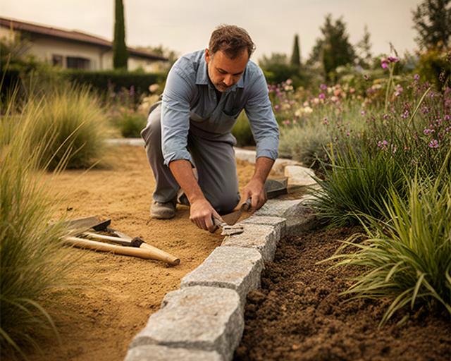 Artigiano al lavoro in un giardino veneto mentre posa bordure in pietra accanto a piante ornamentali