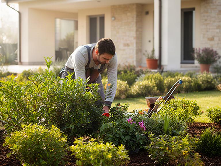 Professionista del giardinaggio che controlla un'aiuola appena sistemata vicino a una casa di Masi