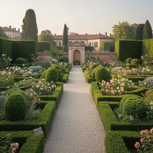Giardino formale all’italiana a Treviso con siepi geometriche e aiuole fiorite