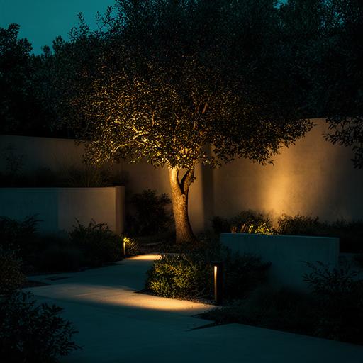 Faretti LED caldi che illuminano alberi e muri di un giardino al tramonto