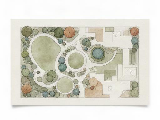 Disegno di progetto per un giardino con percorsi e zone piantumate
