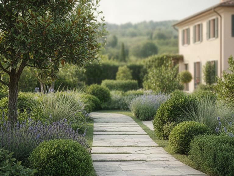 Giardino residenziale curato con vialetto in pietra, aiuole verdi e area pavimentata nel Veneto