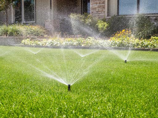 Prato verde di un giardino residenziale con irrigazione organizzata e bordura bassa