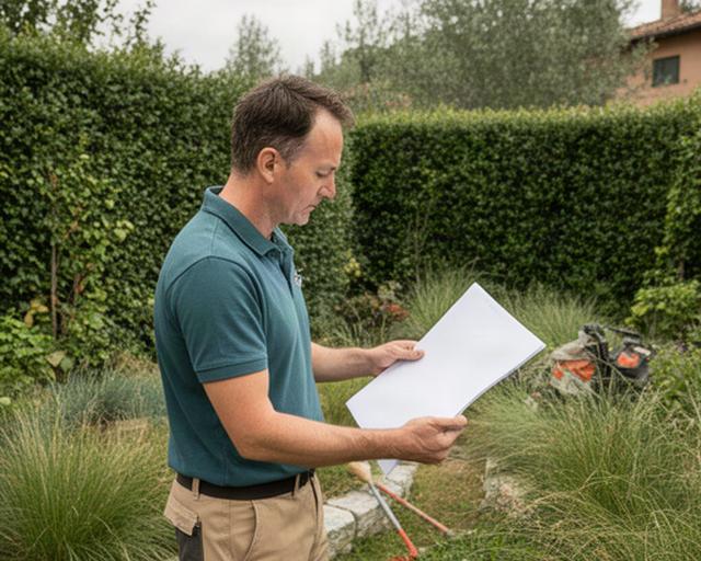 Professionista del verde che consulta una scheda di lavoro in un giardino di Masi