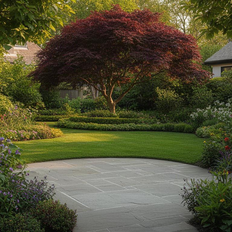 Giardino residenziale completato con prato, acero giapponese e pavimentazione in pietra