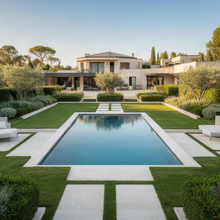 Giardino contemporaneo con piscina a Padova, prato geometrico e pavimentazione in pietra chiara