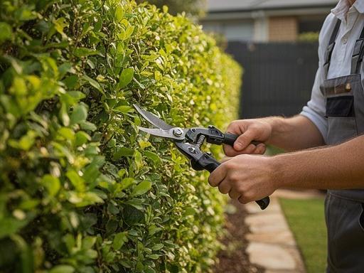 Potatura di una siepe verde lungo il bordo di un giardino privato