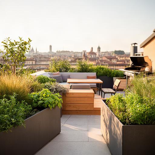 Rooftop garden a Vicenza con fioriere, sedute in legno e zona barbecue