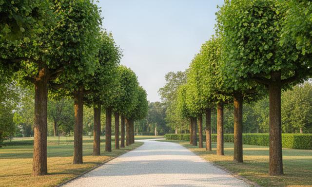 Alberi potati con precisione lungo un vialetto di un parco veneto