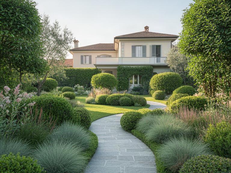 Giardino curato con aiuole verdi e vialetto in pietra presso una casa di Masi