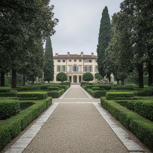 Parco di villa storica a Treviso dopo la ristrutturazione, con viali e siepi potate
