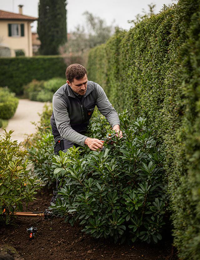 Professionista al lavoro in un giardino di Masi mentre cura una bordura di arbusti vicino a una siepe