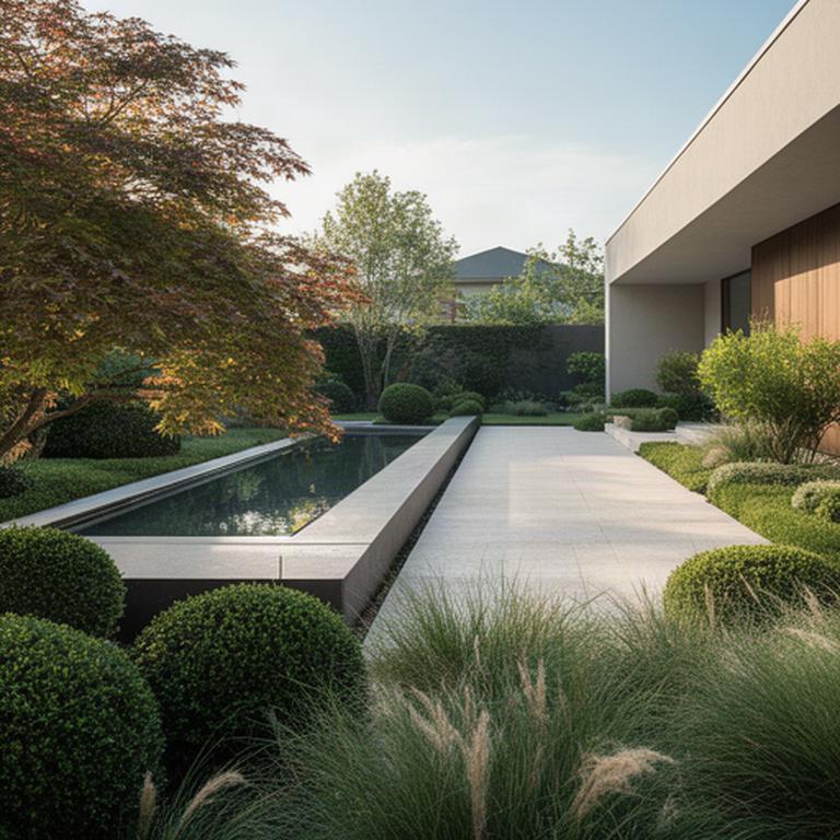 Giardino contemporaneo a Padova con vasca d’acqua lineare e piante dalle forme leggere