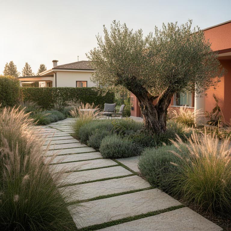 Giardino contemporaneo con lastre in pietra, graminacee ornamentali e ulivo in un'abitazione veneta