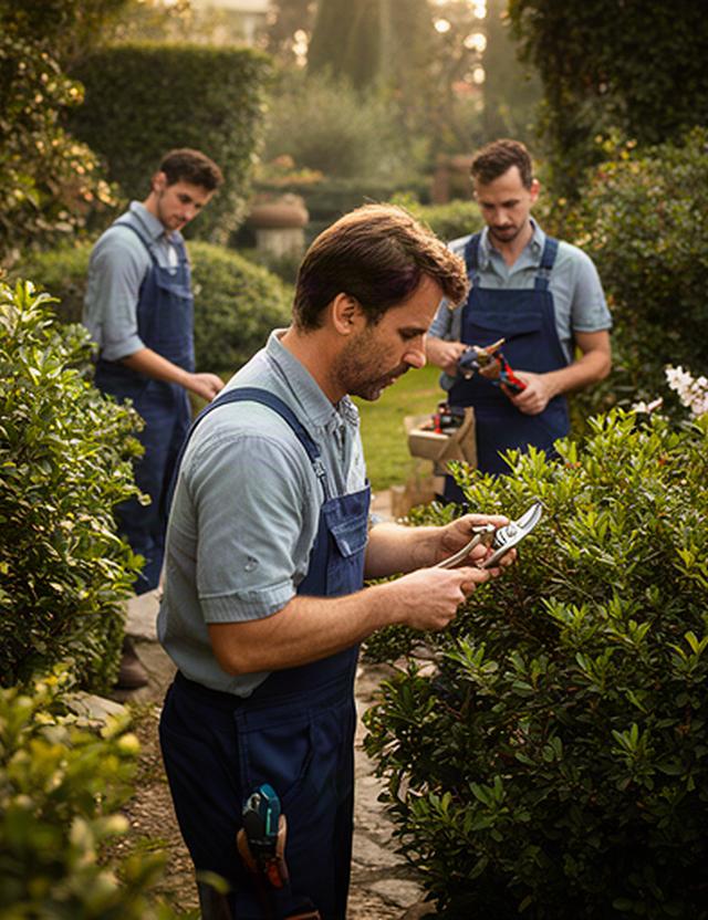 Giardinieri professionisti al lavoro in un giardino veneto con piante ornamentali e attrezzi da potatura