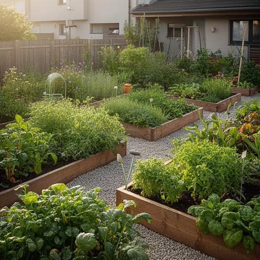 Orto urbano residenziale a Masi con aiuole rialzate, erbe aromatiche e camminamenti ordinati
