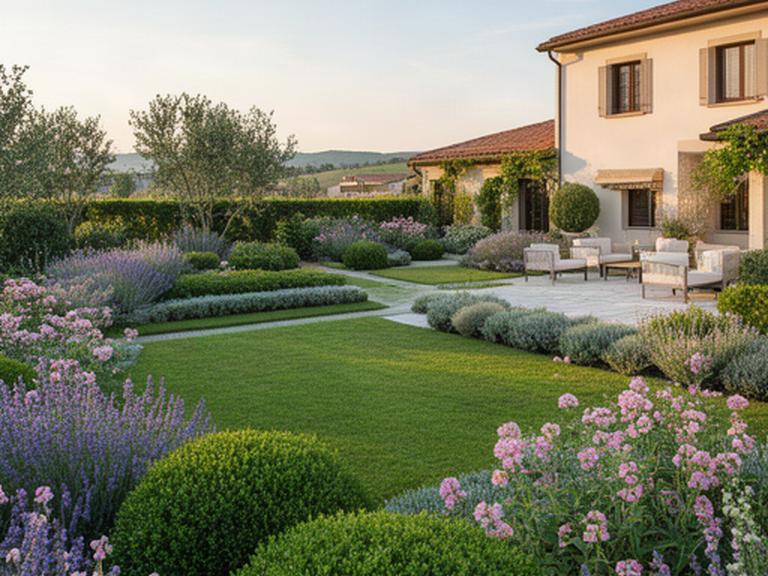 Giardino privato nel Veneto con prato curato, aiuole fiorite e area pavimentata vicino a una casa