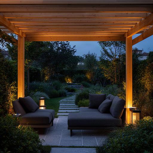 Area relax a Rovigo con pergolato in legno, sedute esterne e illuminazione LED serale